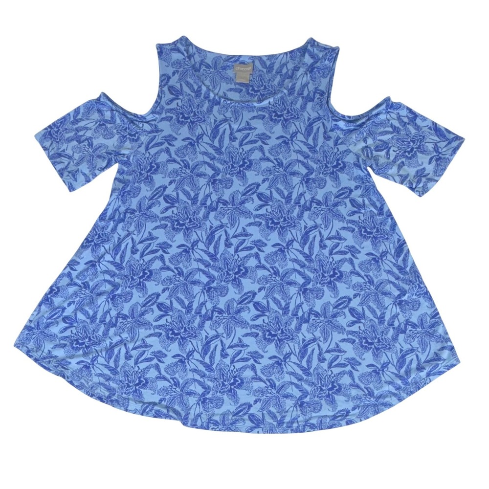 Chicos Cold Shoulder Floral Tunic Top Size 1 or Medium Blue Tropical‎ Stretch